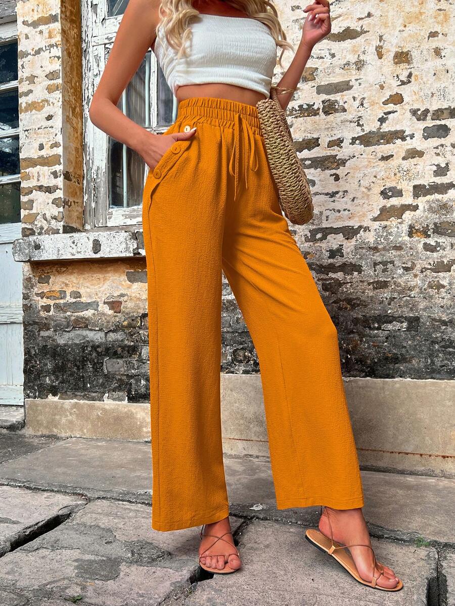 Solid Color Slant Pocket Wide Length Pants