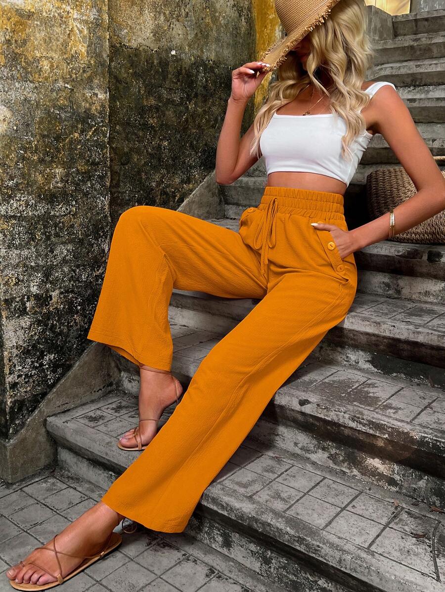 Solid Color Slant Pocket Wide Length Pants