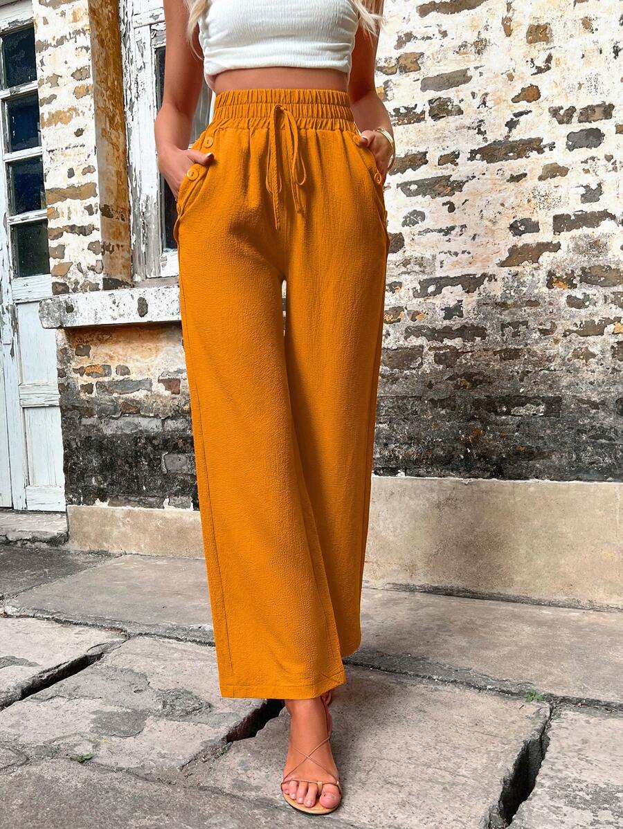 Solid Color Slant Pocket Wide Length Pants