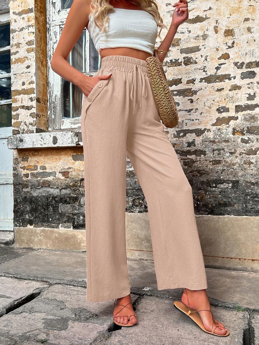 Solid Color Slant Pocket Wide Length Pants