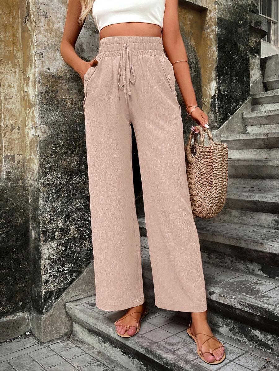 Solid Color Slant Pocket Wide Length Pants