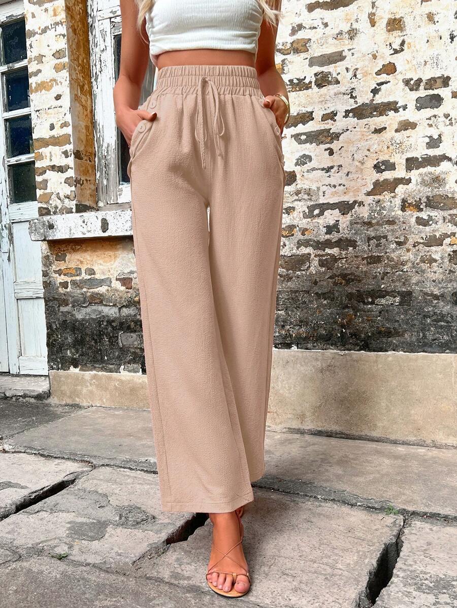 Solid Color Slant Pocket Wide Length Pants