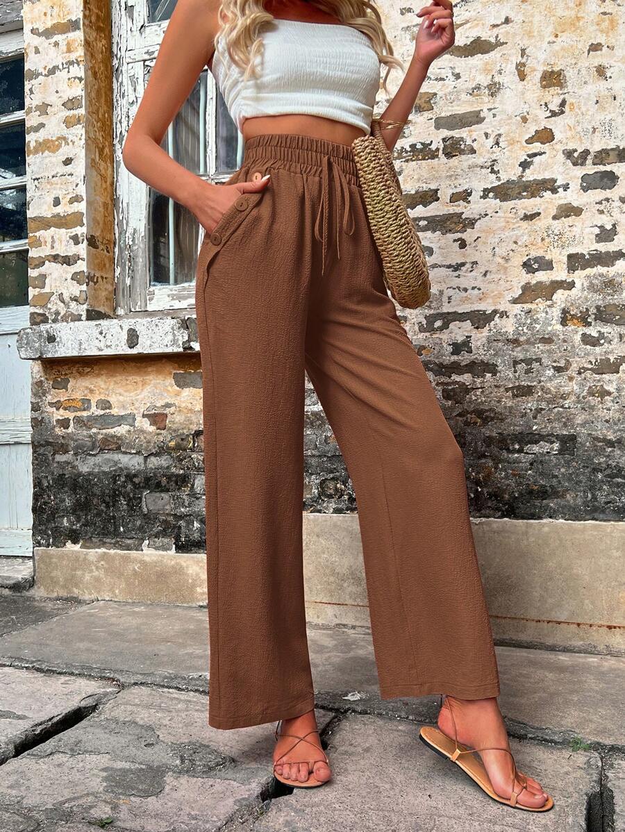 Solid Color Slant Pocket Wide Length Pants