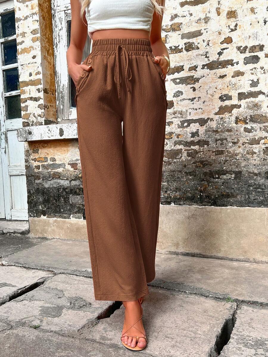 Solid Color Slant Pocket Wide Length Pants