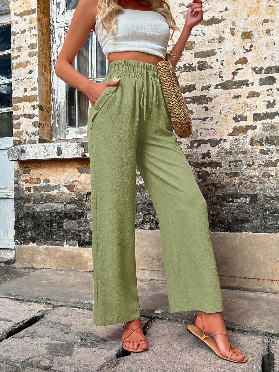 Solid Color Slant Pocket Wide Length Pants