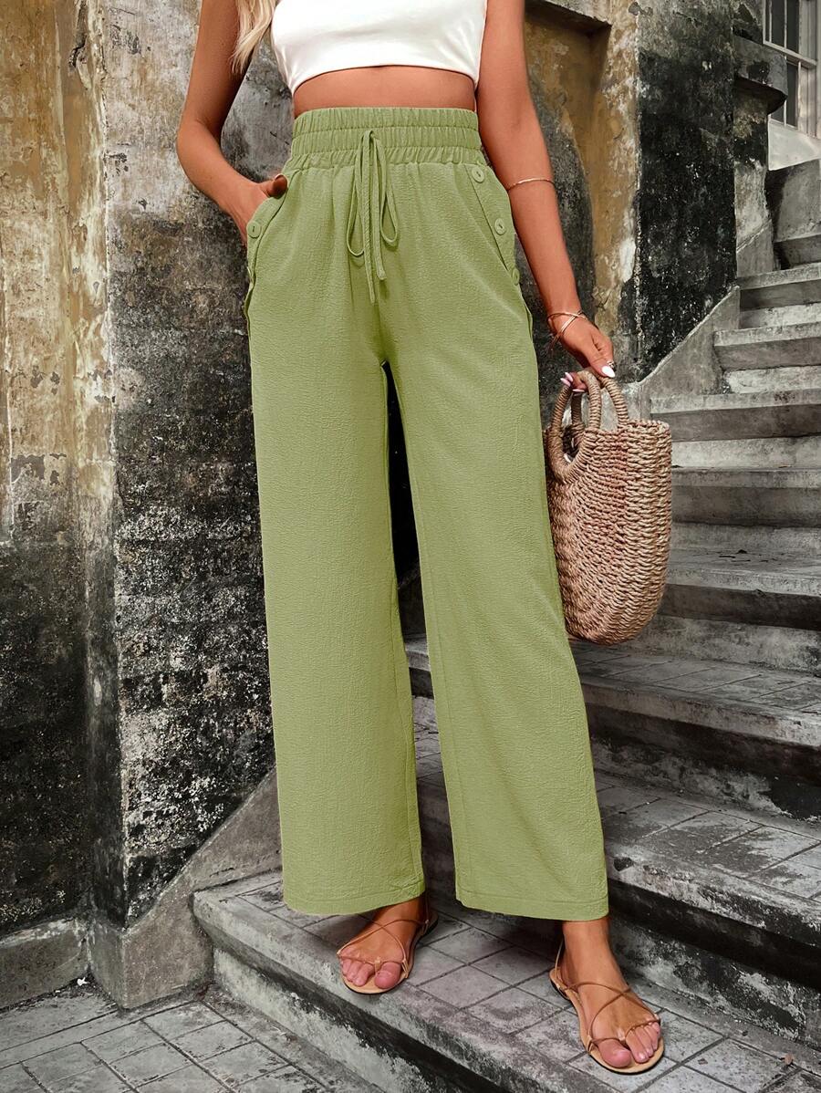 Solid Color Slant Pocket Wide Length Pants