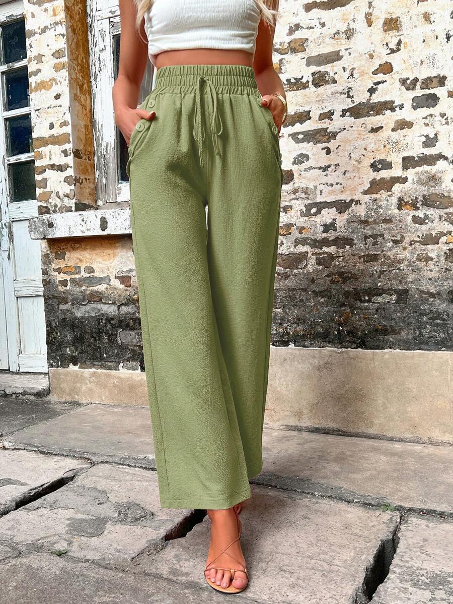 Solid Color Slant Pocket Wide Length Pants