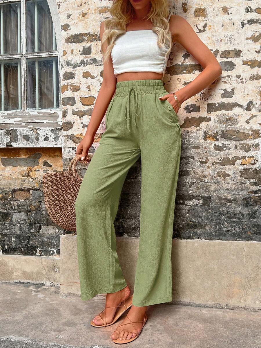 Solid Color Slant Pocket Wide Length Pants