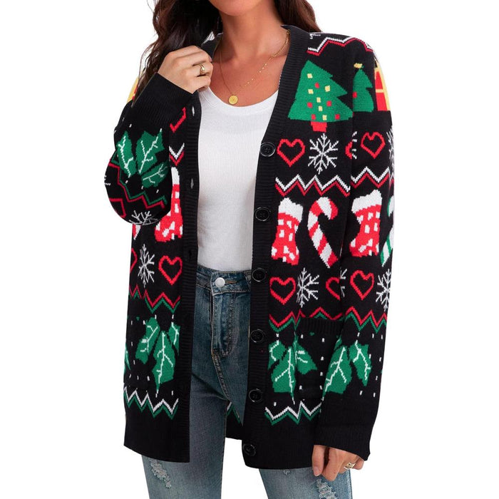 Christmas Cardigan With Snowflake And Festive Ornament Design