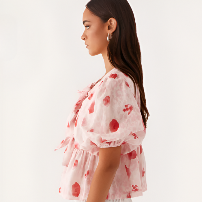 Puff Sleeve Peplum Printed Blouse With Front Tie Bows