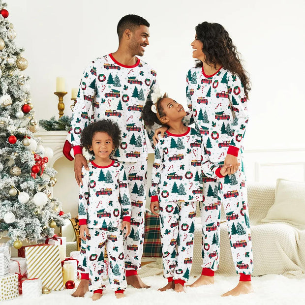 Matching Christmas Tree And Car Print Long Sleeved Pajama Set