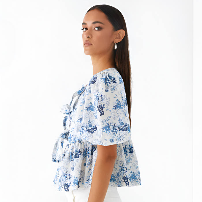 Puff Sleeve Peplum Printed Blouse With Front Tie Bows