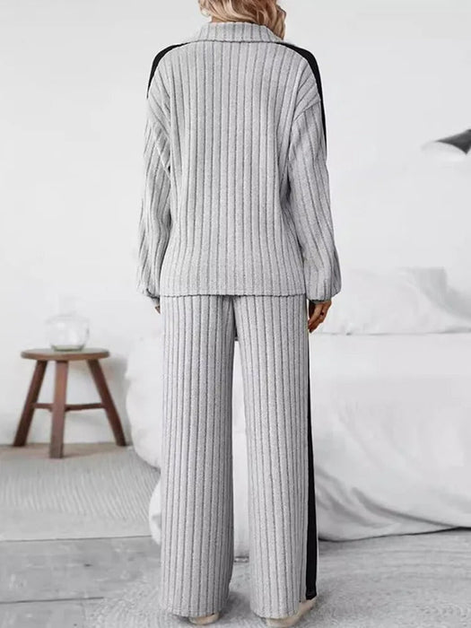 Knitted  Loose Fit Striped Patterned Tops And Pants Set