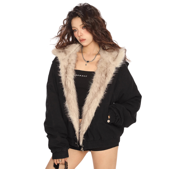 Faux Fur Hooded Jacket With Zipper Closure