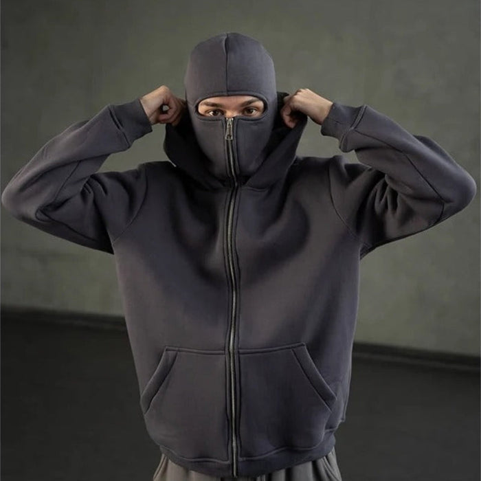 Windproof Outdoor Jacket With Adjustable Balaclava And Zippered Pockets