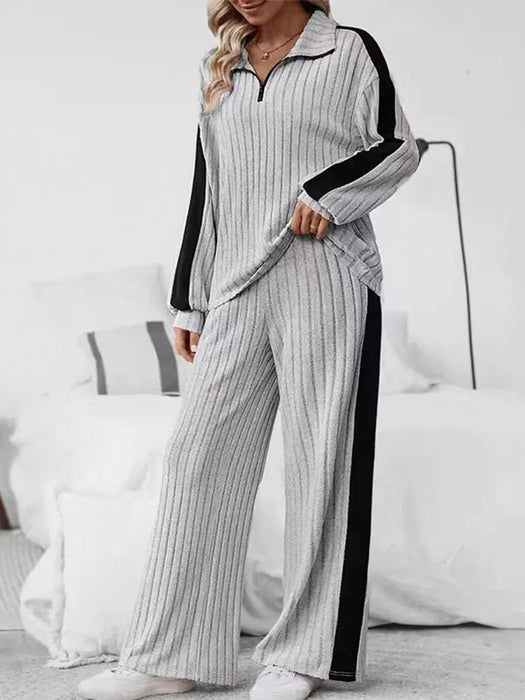 Knitted  Loose Fit Striped Patterned Tops And Pants Set