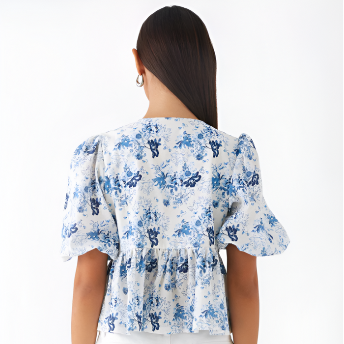 Puff Sleeve Peplum Printed Blouse With Front Tie Bows