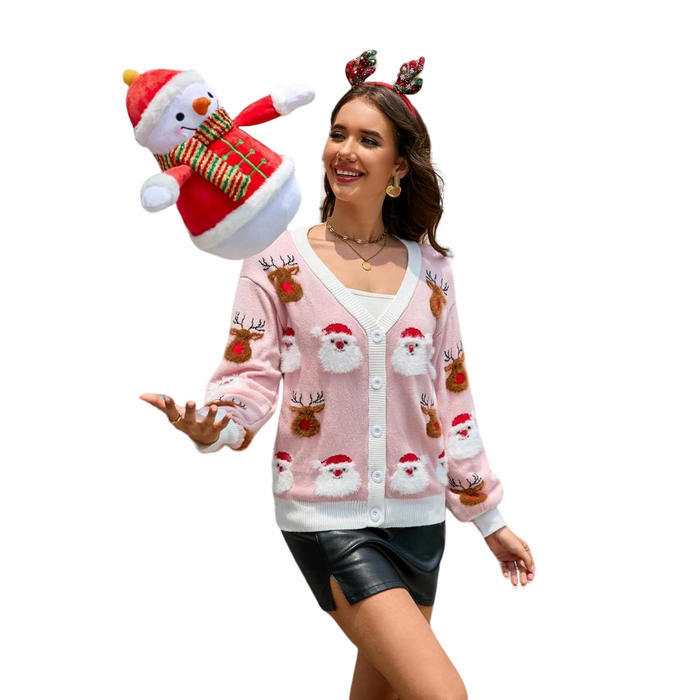 Cheerful Button Up Knitted Sweater With Christmas Charm