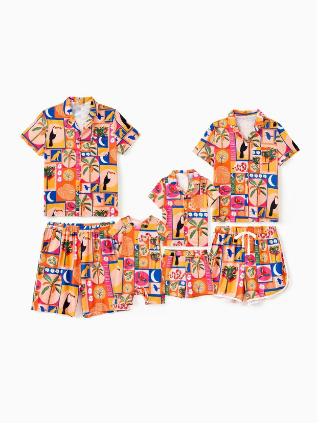 Family Matching Allover Tropical Print Shorts Sets