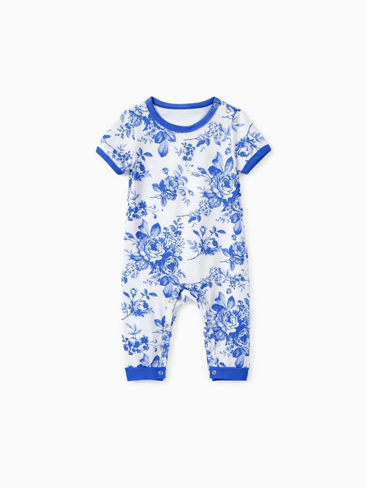 Family Matching Blue Floral Shorts Set With Drawstrings