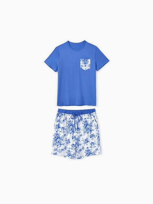 Family Matching Blue Floral Shorts Set With Drawstrings