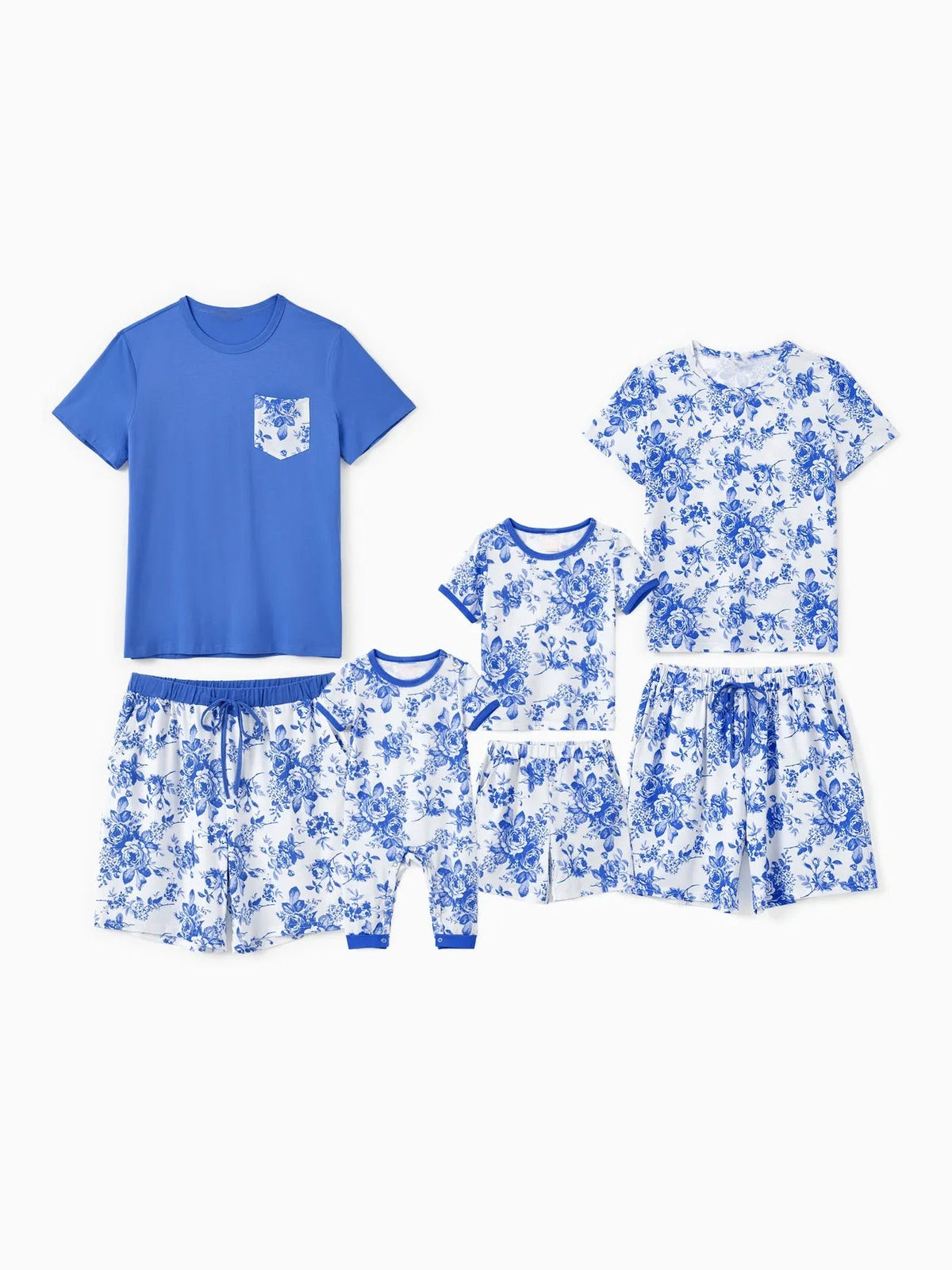 Family Matching Blue Floral Shorts Set With Drawstrings