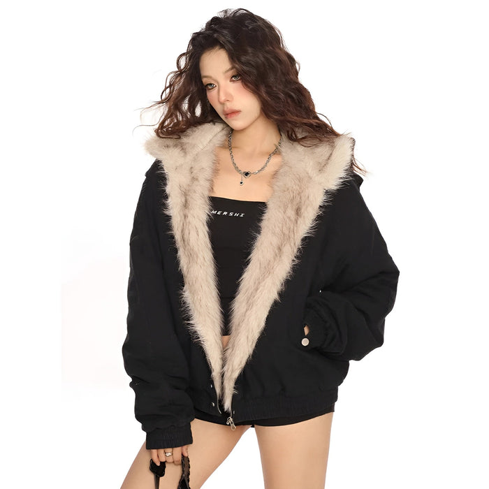 Cozy And Stylish Faux Fur Trim Hooded Bomber Jacket