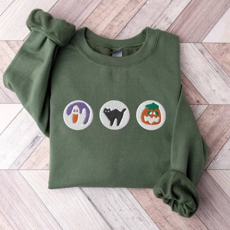 Boo And Pumpkin Embroidered Halloween Sweatshirt