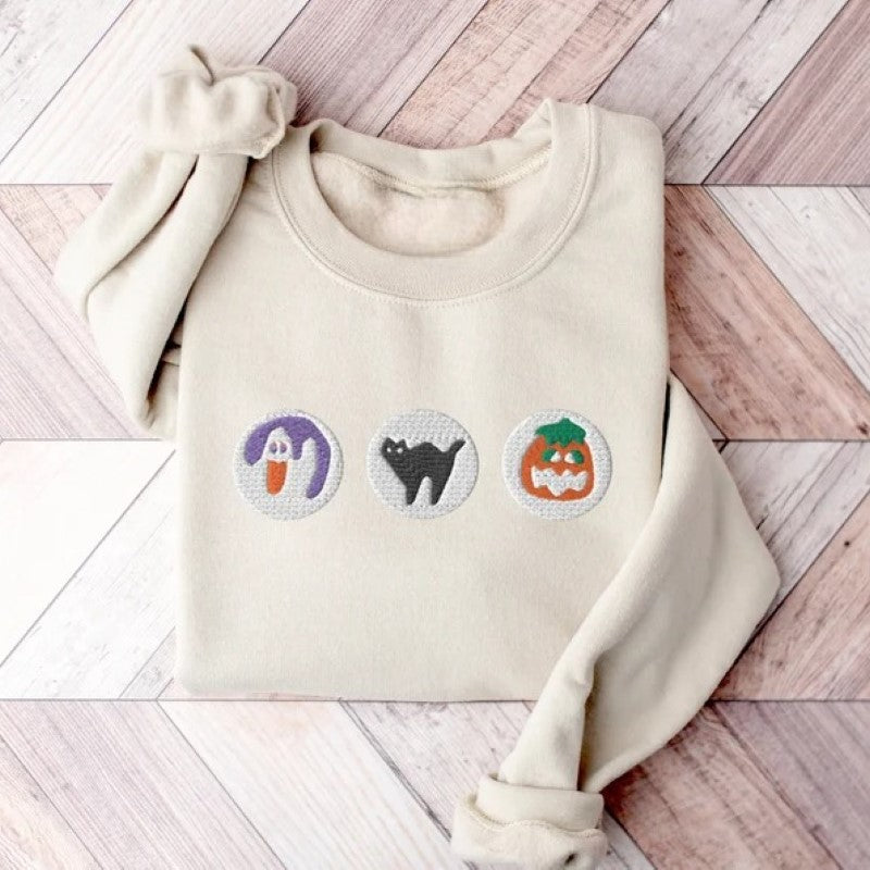 Boo And Pumpkin Embroidered Halloween Sweatshirt