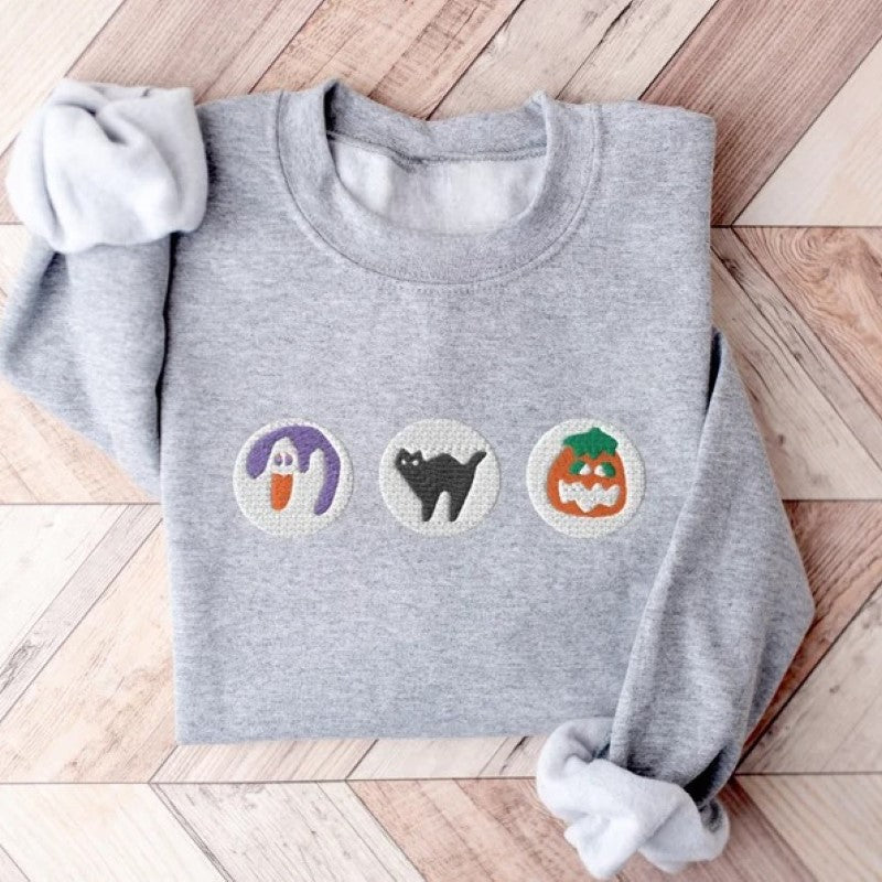 Boo And Pumpkin Embroidered Halloween Sweatshirt