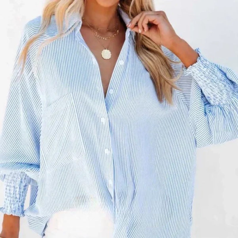 Casual Striped Button Down Shirt With Elastic Cuffs