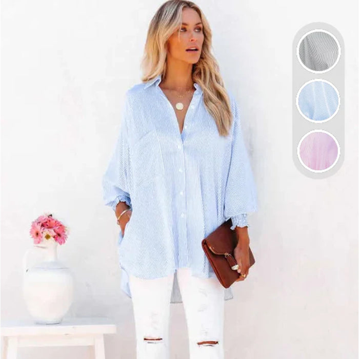 Casual Striped Button Down Shirt With Elastic Cuffs