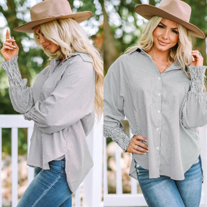 Casual Striped Button Down Shirt With Elastic Cuffs