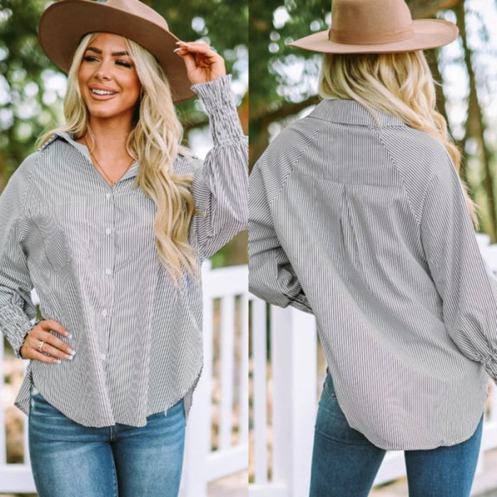 Casual Striped Button Down Shirt With Elastic Cuffs