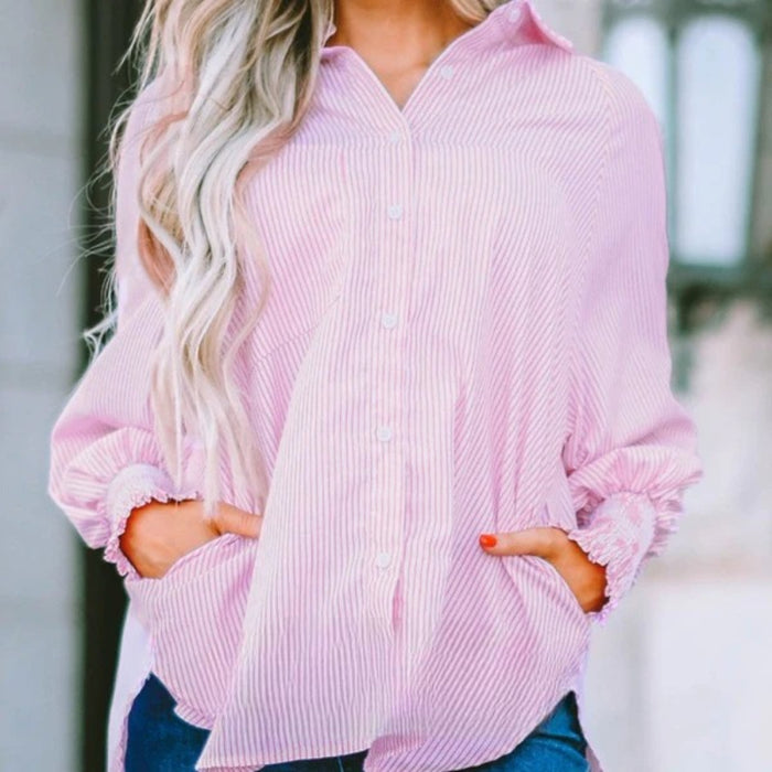 Casual Striped Button Down Shirt With Elastic Cuffs