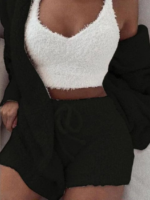 Cozy Knit Sets Crop Top, Shorts, Long Coat