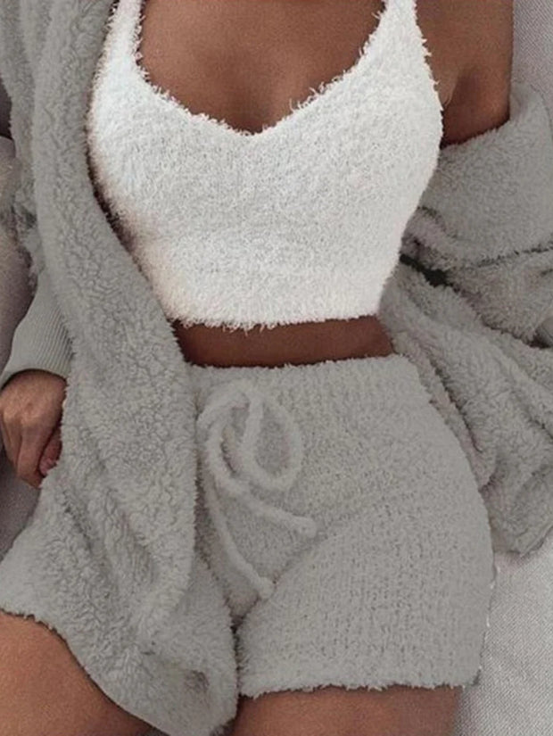 Cozy Knit Sets Crop Top, Shorts, Long Coat