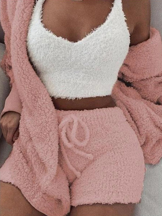 Cozy Knit Sets Crop Top, Shorts, Long Coat