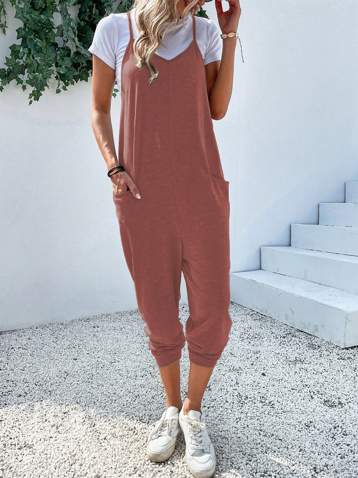 Dual Pocket Keyhole Jumpsuit Without Tee