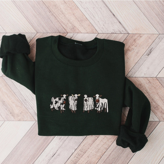 Embroidered Halloween Cow Printed Sweatshirt