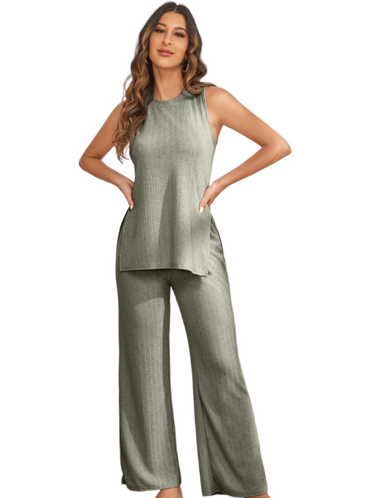 Side Tank Top And Flare Leg Pants Lounge Set