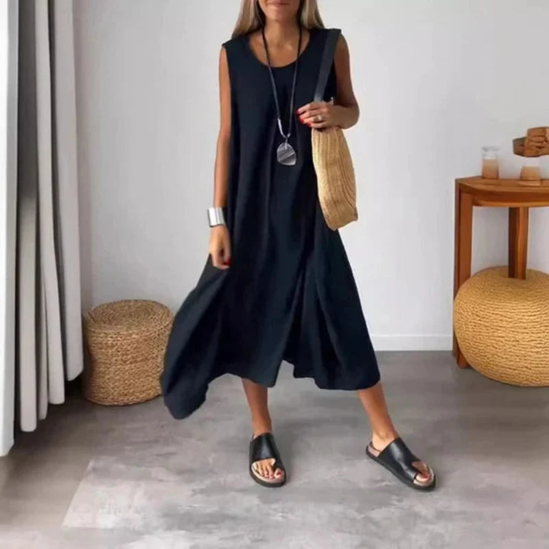 Sleeveless Casual Midi Dress With Pocket