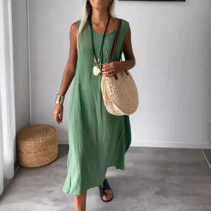 Sleeveless Casual Midi Dress With Pocket