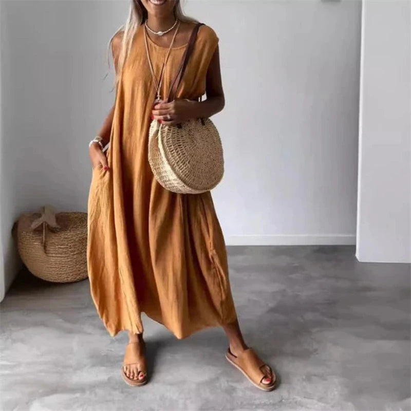 Sleeveless Casual Midi Dress With Pocket