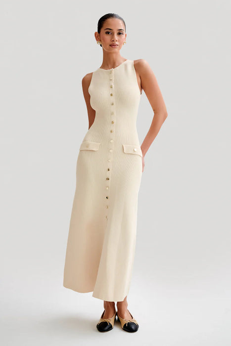 Sleeveless Ribbed Maxi Dress With Button Detailing