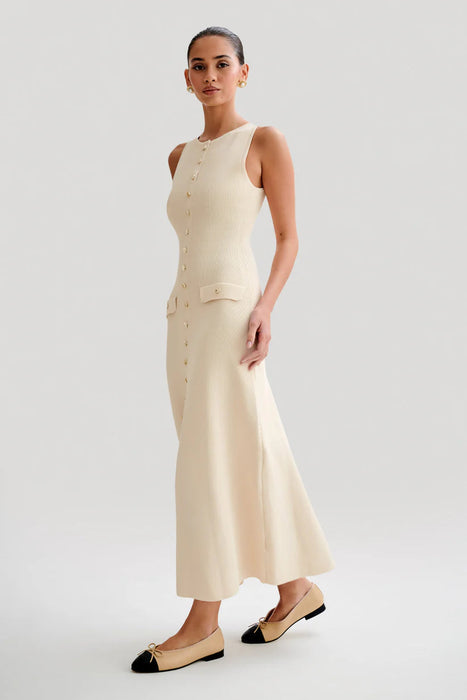 Sleeveless Ribbed Maxi Dress With Button Detailing