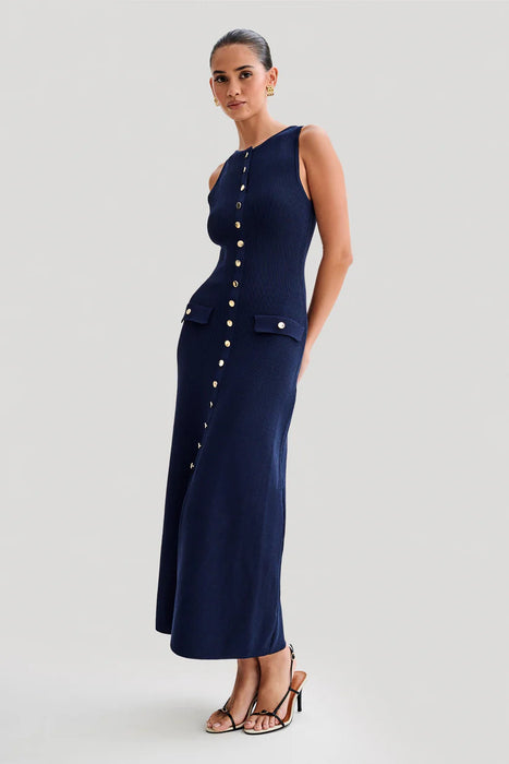 Sleeveless Ribbed Maxi Dress With Button Detailing