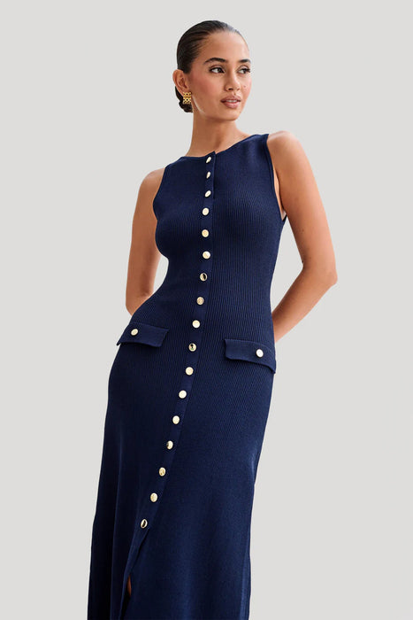 Sleeveless Ribbed Maxi Dress With Button Detailing