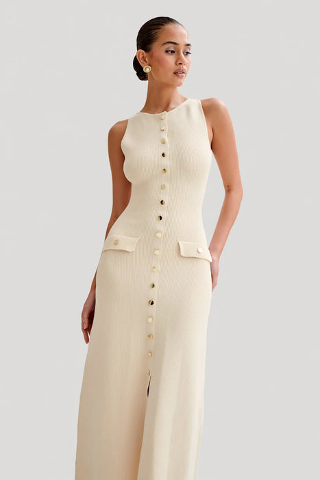 Sleeveless Ribbed Maxi Dress With Button Detailing