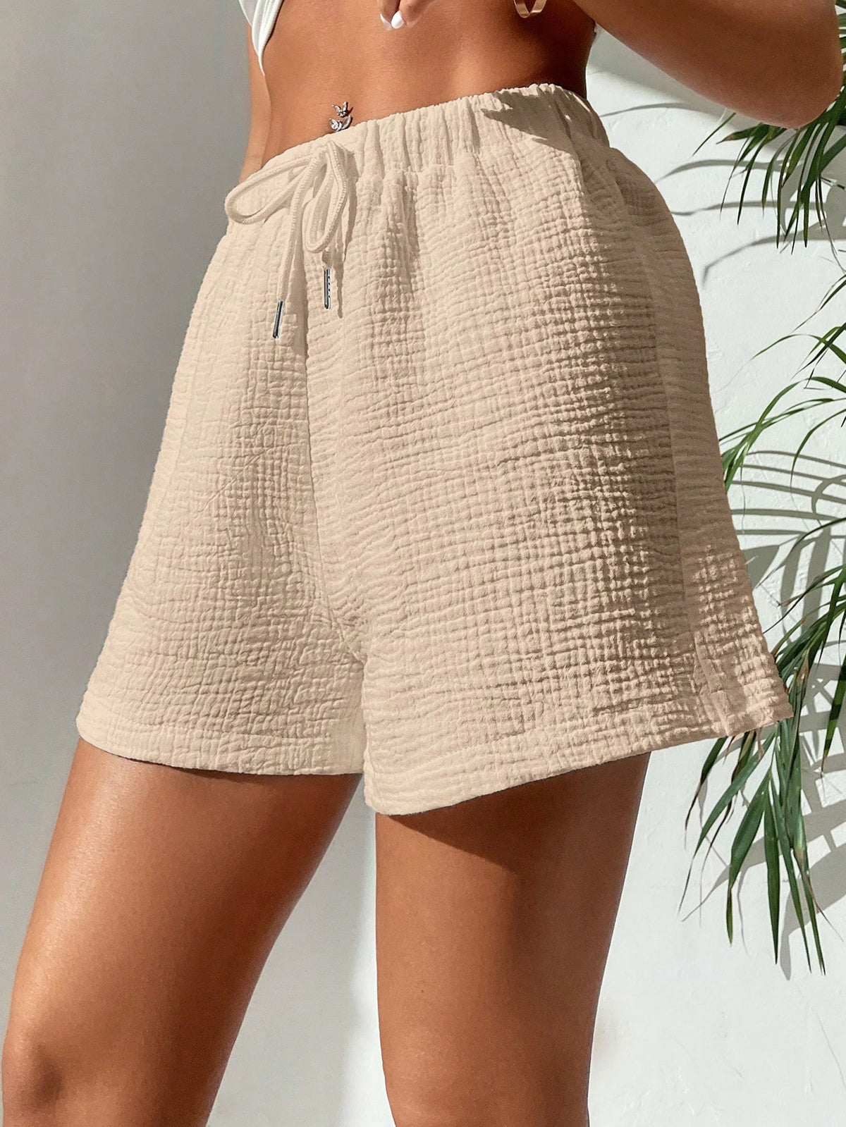 Solid Colored Drawstring Front Shorts